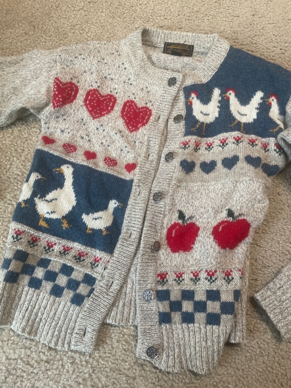 Vintage Eddie Bauer Wool  Farm Motif Cardigan with Red Hearts & Apples cardigan